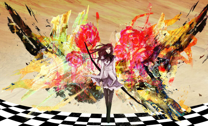 Anime Girl with Long Hair — Red, Dramatic, Digital Art, Checkered Floor