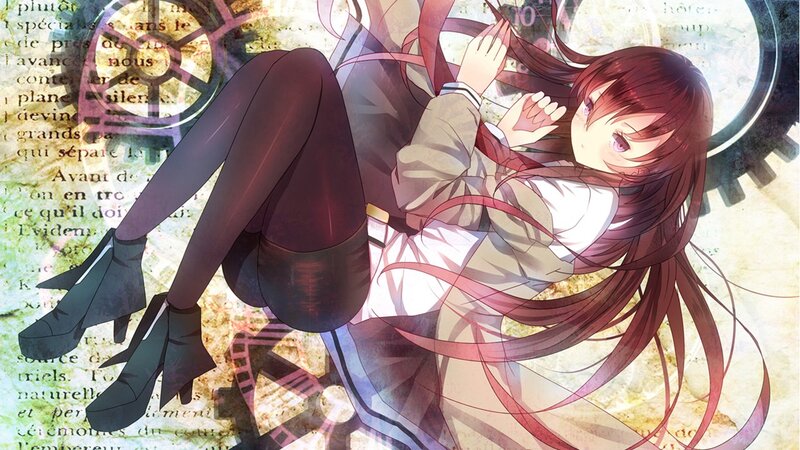 Anime Girl with Long Hair — Red, Dramatic, Gears, Text