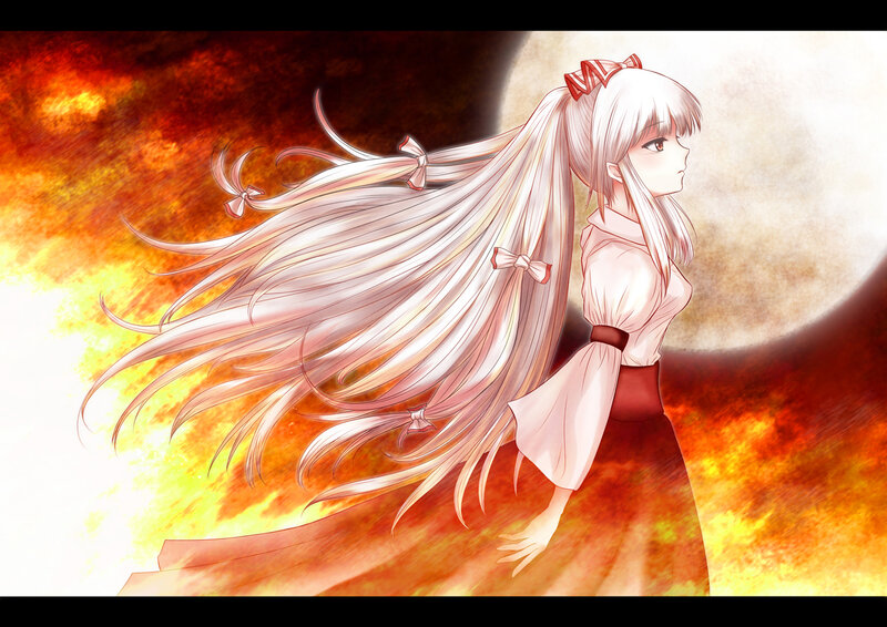 Anime Girl with Long Hair — Red, Dramatic, Night, Digital Art, Fire, Moon