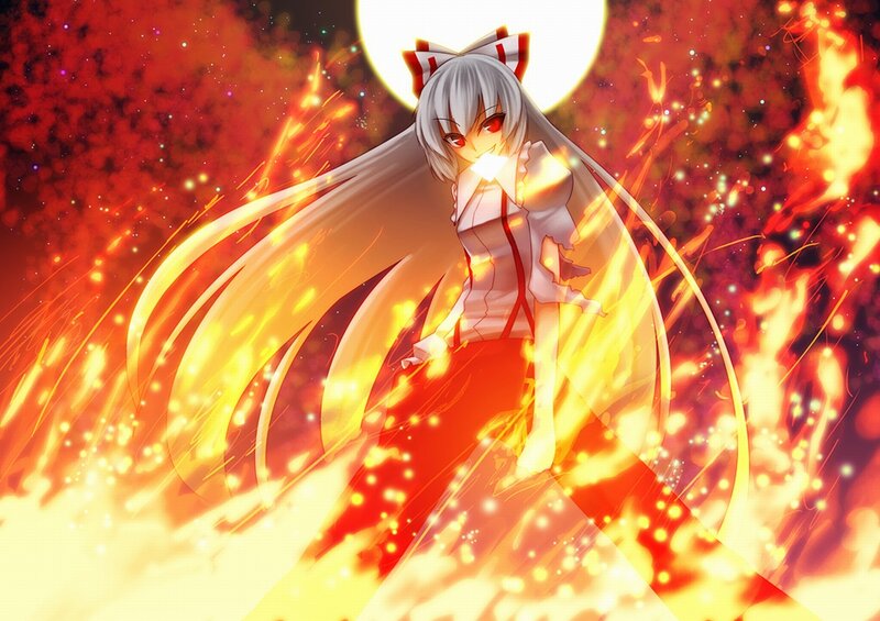 Anime Girl with Long Hair — Red, Dramatic, Night, Digital Art, Fire