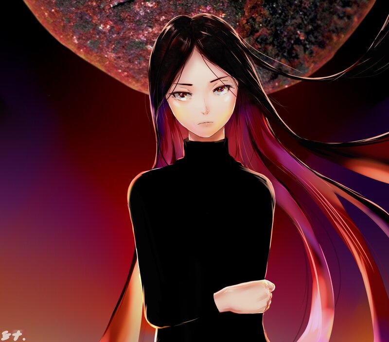 Anime Girl with Long Hair — Red, Dramatic, Night, Digital Art, Planet