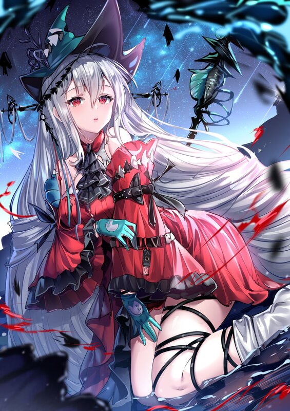 Anime Girl with Long Hair — Red, Dramatic, Night, Digital Art, Red Dress