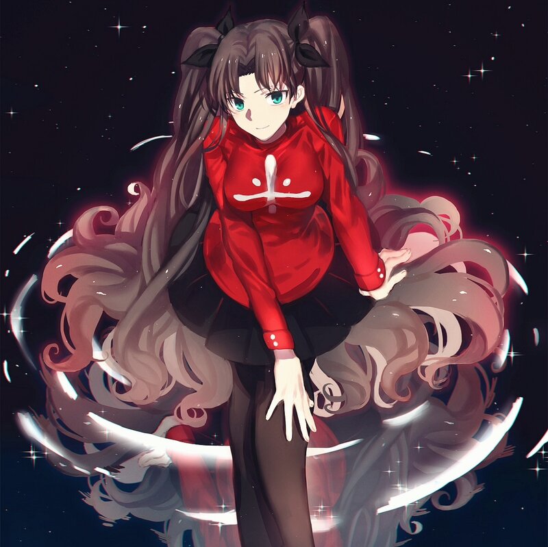Anime Girl with Long Hair — Red, Dramatic, Night, Digital Art, Stars