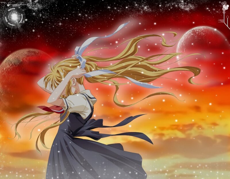 Anime Girl with Long Hair — Red, Dramatic, Night, Planets