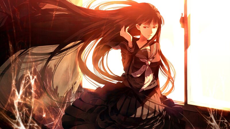 Anime Girl with Long Hair — Red, Dramatic, Sunset, Digital Art, School Uniform, Window