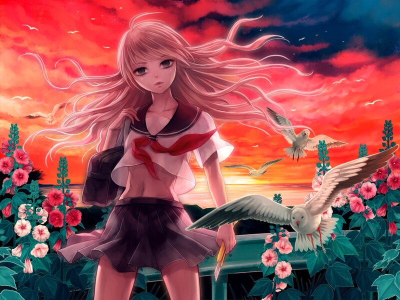 Anime Girl with Long Hair — Red, Dramatic, Sunset, Digital Art, Seagulls
