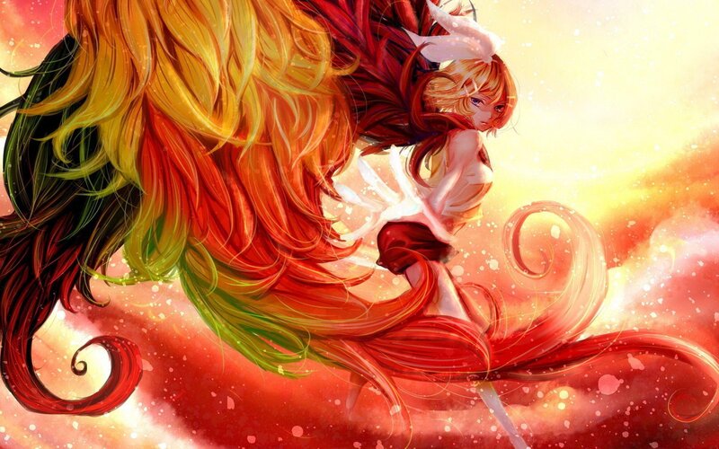 Anime Girl with Long Hair — Red, Dramatic, Sunset, Digital Art, Wings