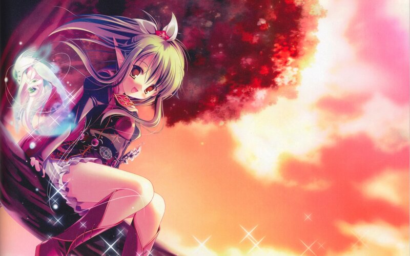 Anime Girl with Long Hair — Red, Dramatic, Sunset, Elf Ears