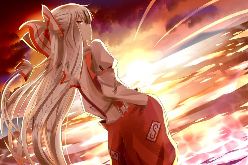 Anime Girl with Long Hair — Red, Dramatic, Sunset, Energy Beams