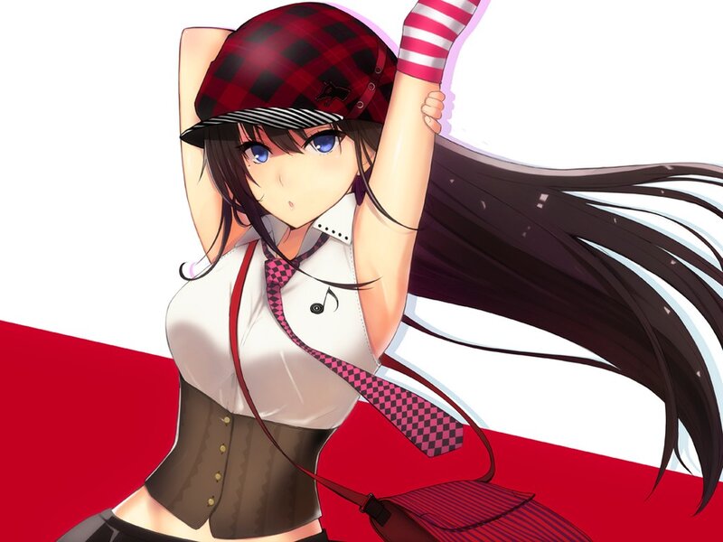 Anime Girl with Long Hair — Red, Playful, Hat