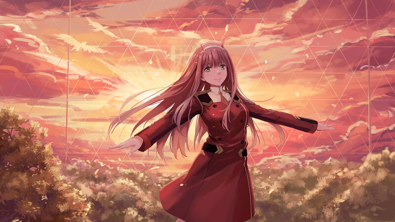 Anime Girl with Long Hair — Red, Serene, Sunset