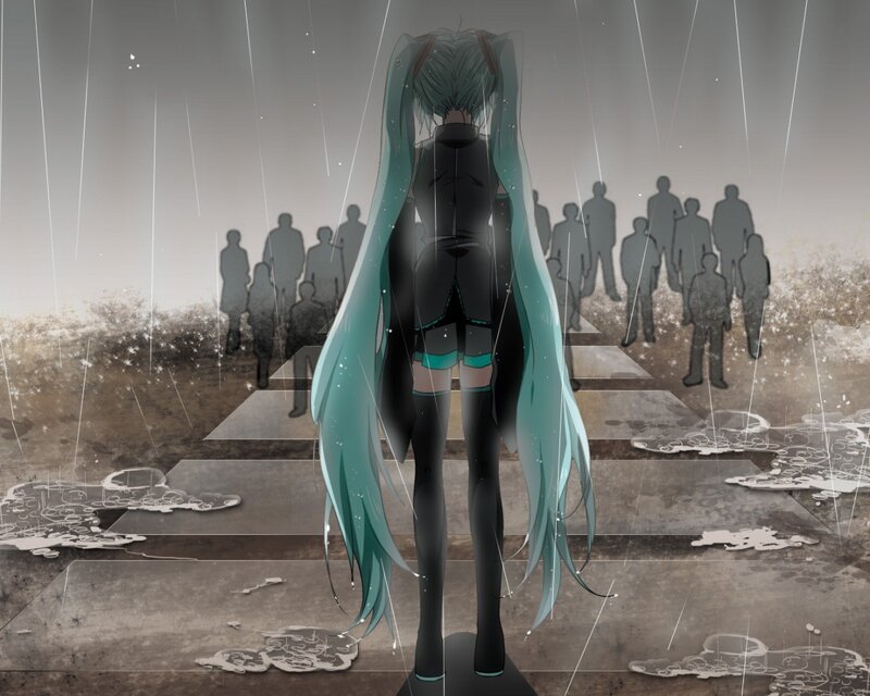 Anime Girl with Long Hair — Teal, Dramatic, Digital Art, Rain