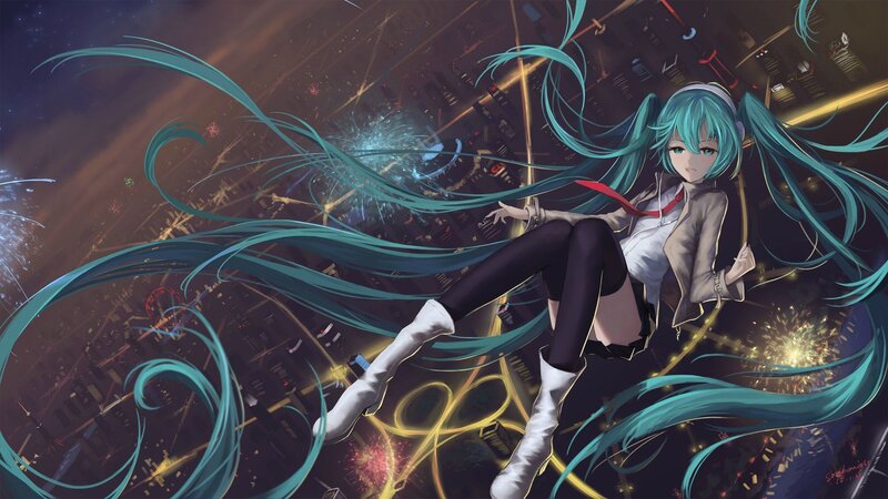 Anime Girl with Long Hair — Teal, Dramatic, Night, Digital Art, Fireworks