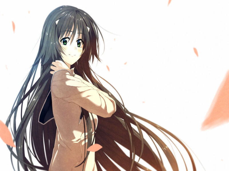 Anime Girl with Long Hair — White, Calm, Autumn, Green Eyes