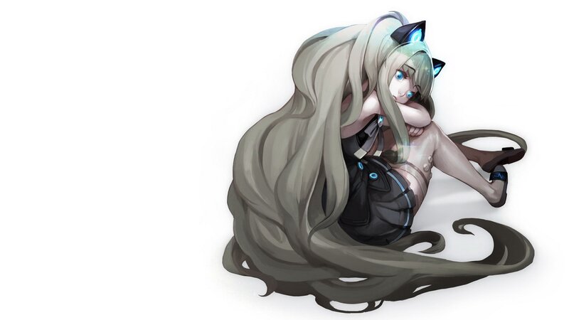 Anime Girl with Long Hair — White, Calm, Digital Art, Cat Ears