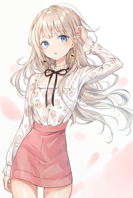 Anime Girl with Long Hair — White, Calm, Digital Art, Flower Pattern