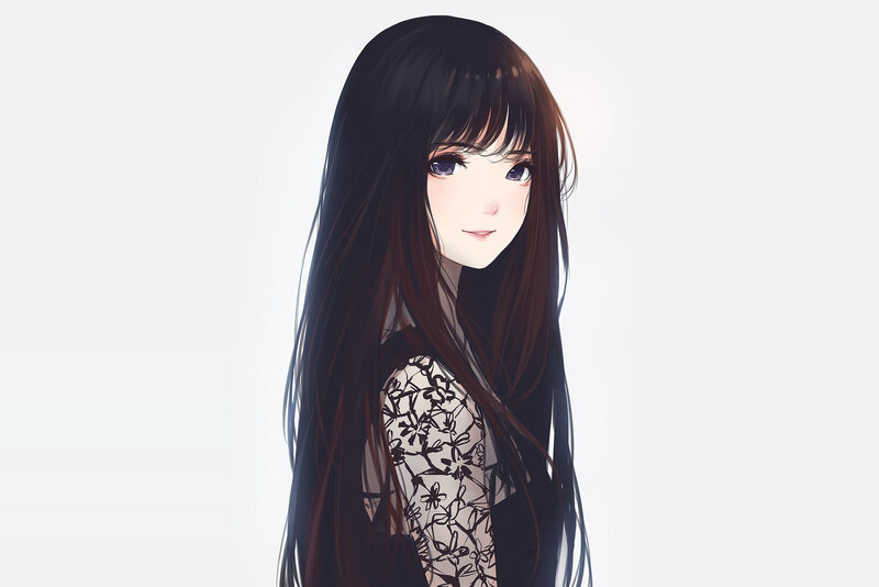 Anime Girl with Long Hair — White, Calm, Digital Art, Long Hair, Black Top