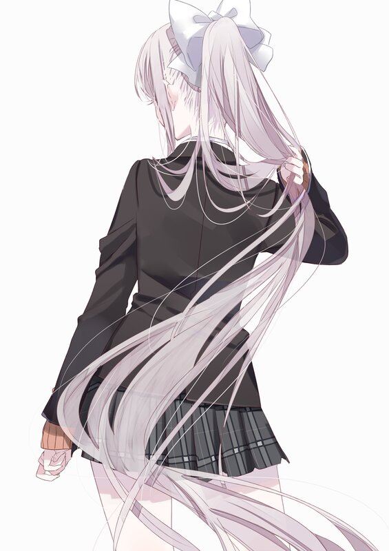 Anime Girl with Long Hair — White, Calm, School Uniform, Bow