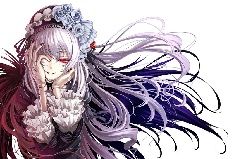 Anime Girl with Long Hair — White, Dramatic, Digital Art, Flowers, Eyes