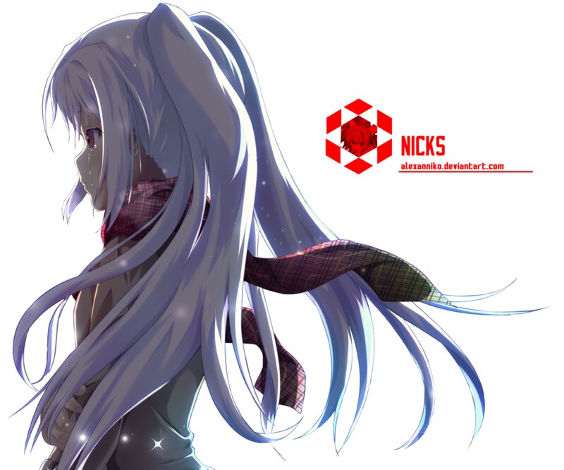 Anime Girl with Long Hair — White, Dramatic, Digital Art, Scarf