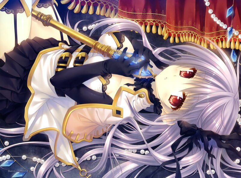 Anime Girl with Long Hair — White, Dramatic, Digital Art, Sword, Curtains
