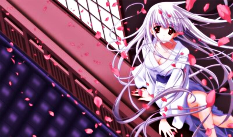 Anime Girl with Long Hair — White, Dramatic, Flower Petals