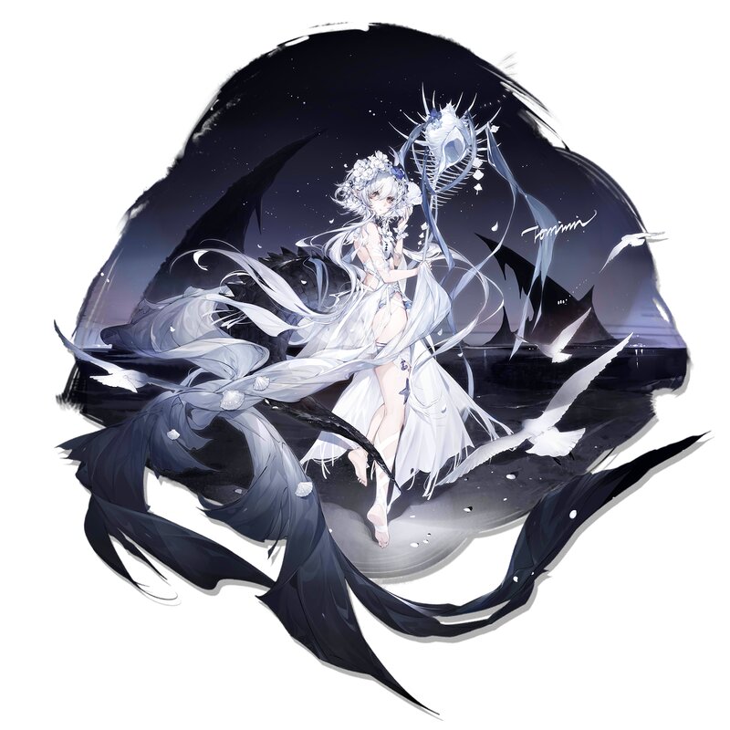 Anime Girl with Long Hair — White, Dramatic, Night, Digital Art, Seagulls