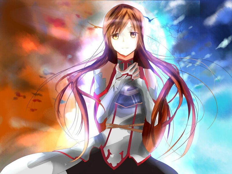 Anime Girl with Long Hair — White, Dramatic, Night, Digital Art, Sword, Moon