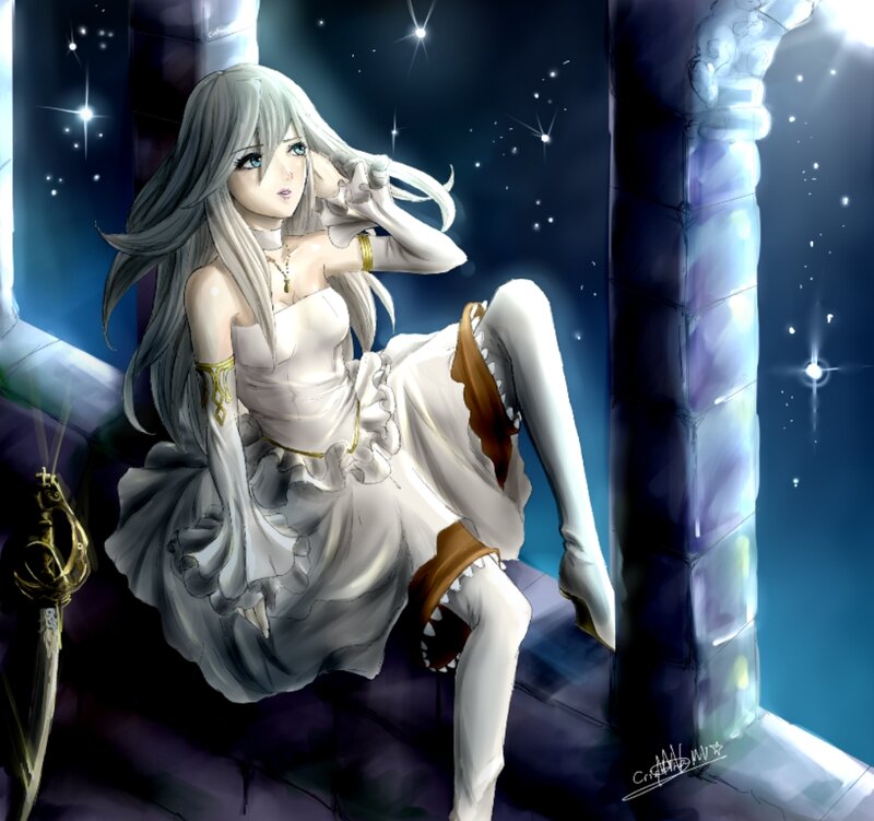 Anime Girl with Long Hair — White, Dramatic, Night, Digital Art, Sword