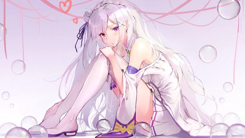 Anime Girl with Long Hair — White, Dreamy, Digital Art, Bubbles, Hearts