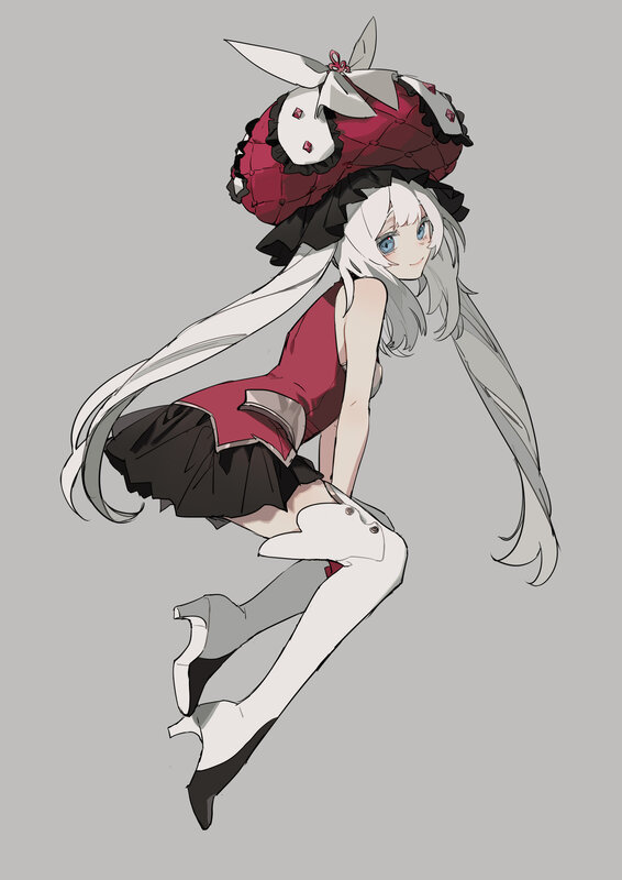Anime Girl with Long Hair — White, Playful, Digital Art, Hat