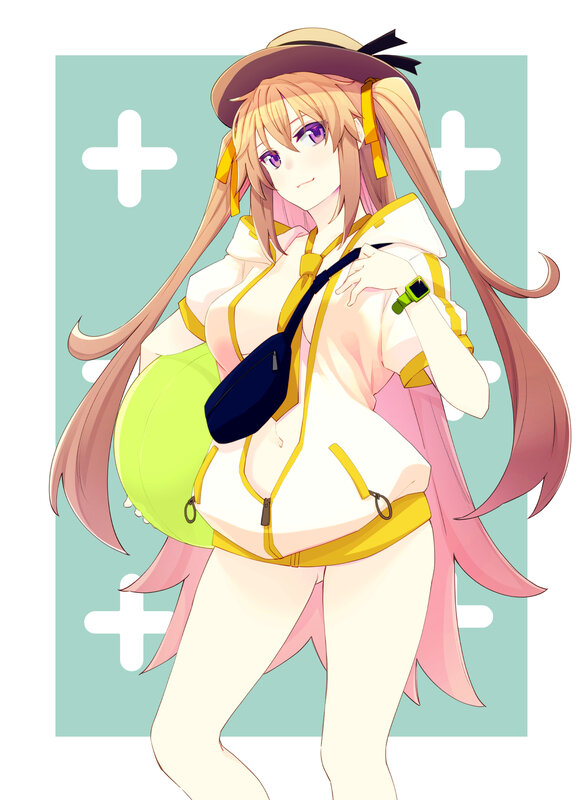 Anime Girl with Long Hair — White, Playful, Hat, Bag