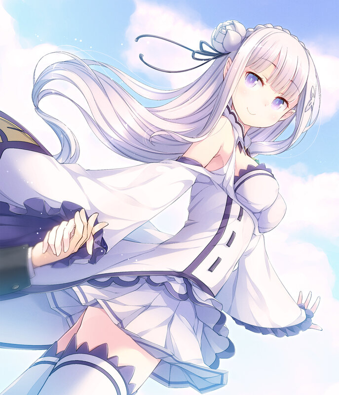 Anime Girl with Long Hair — White, Serene, Afternoon, Clouds