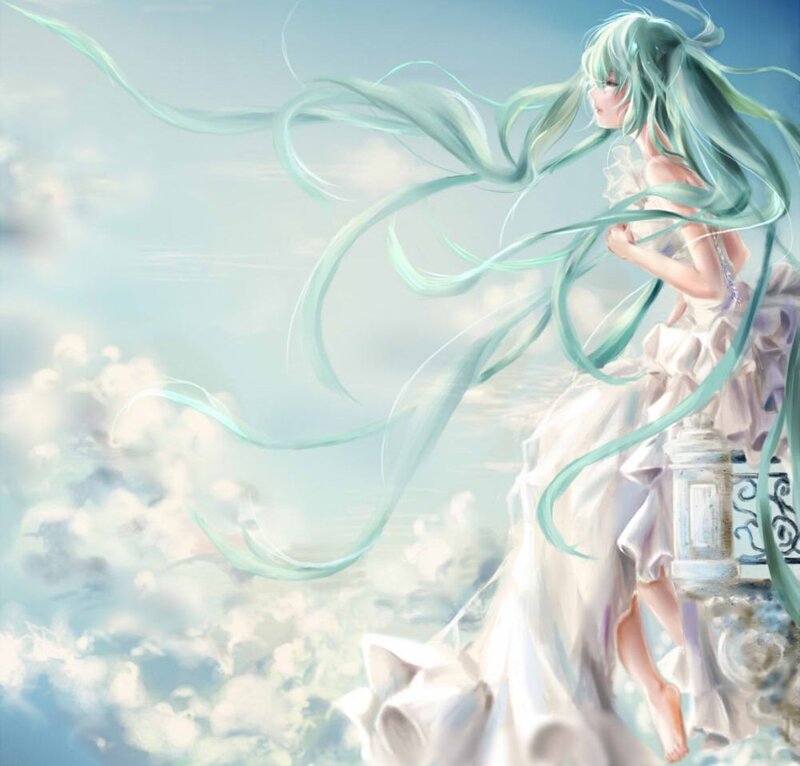Anime Girl with Long Hair — White, Serene, Digital Art, Clouds