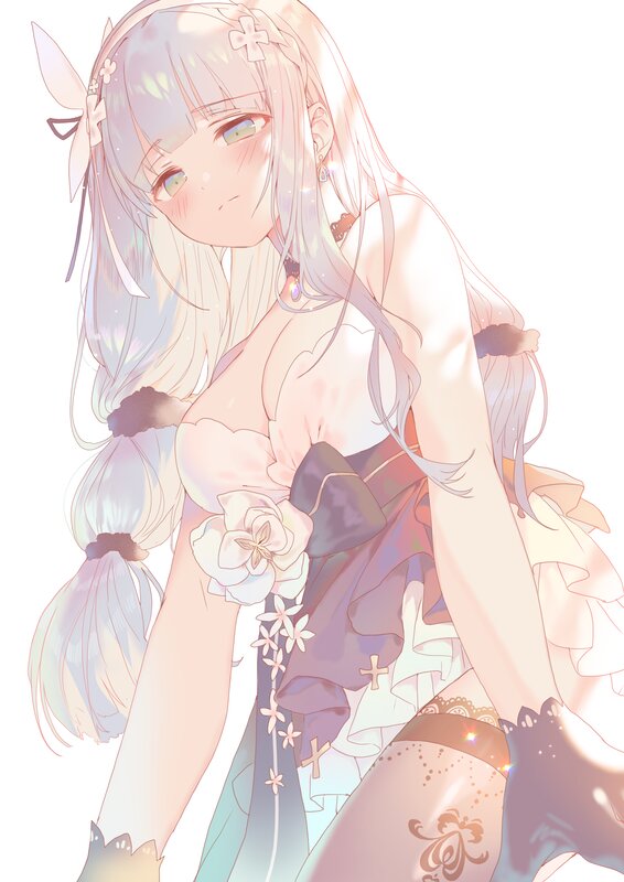 Anime Girl with Long Hair — White, Serene, Digital Art, Flower, Dress