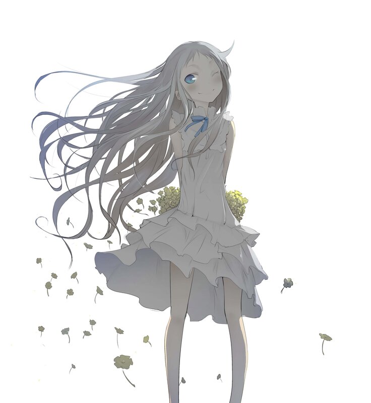 Anime Girl with Long Hair — White, Serene, Digital Art, Flowers, Dress
