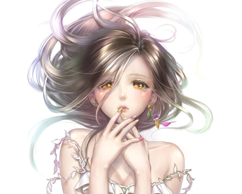 Anime Girl with Long Hair — White, Serene, Digital Art, Flowers, Earrings