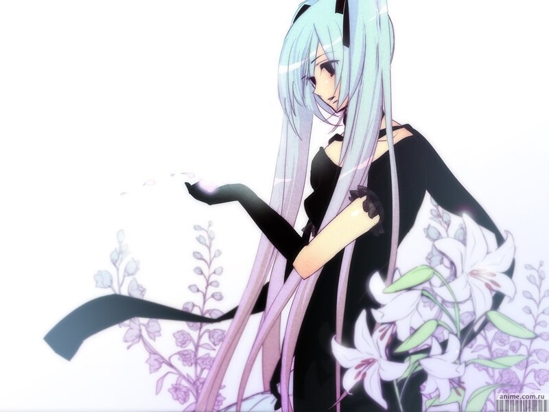 Anime Girl with Long Hair — White, Serene, Flowers