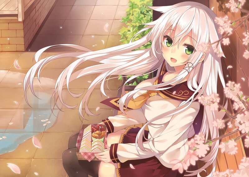 Anime Girl with Long Hair — White, Serene, Spring, Cherry Blossoms