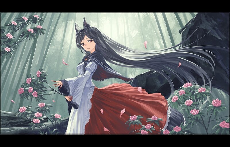 Anime Girl with Long Hair — White, Serene, Spring, Digital Art, Flowers