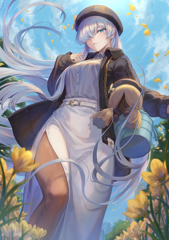 Anime Girl with Long Hair — White, Serene, Spring, Digital Art, Yellow Flowers
