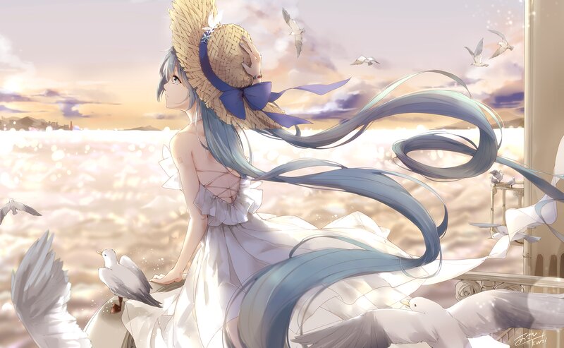 Anime Girl with Long Hair — White, Serene, Sunset, Digital Art, Seagulls