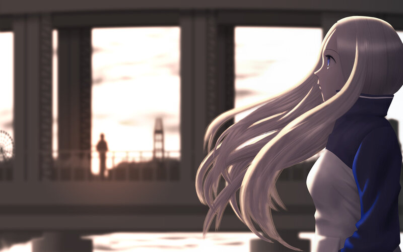 Anime Girl with Long Hair — White, Serene, Sunset