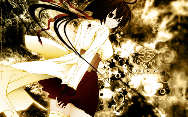 Anime Girl with Long Hair — Yellow, Dramatic, Long Black Hair, White Shirt, Red Ribbon