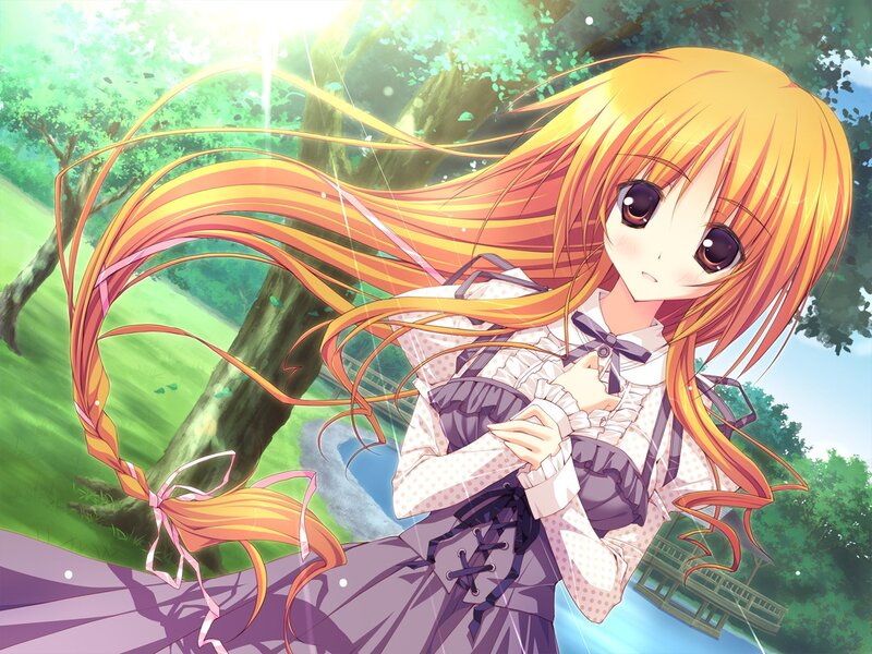Anime Girl with Long Hair — Yellow, Serene, Afternoon, Tree