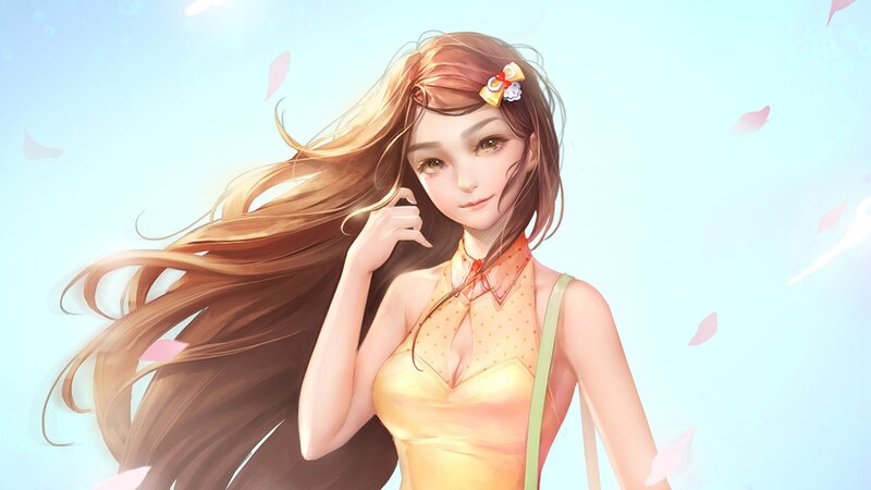 Anime Girl with Long Hair — Yellow, Serene, Spring, Digital Art