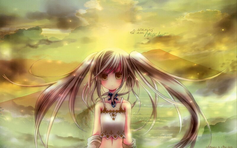 Anime Girl with Long Hair — Yellow, Serene, Sunset, Digital Art