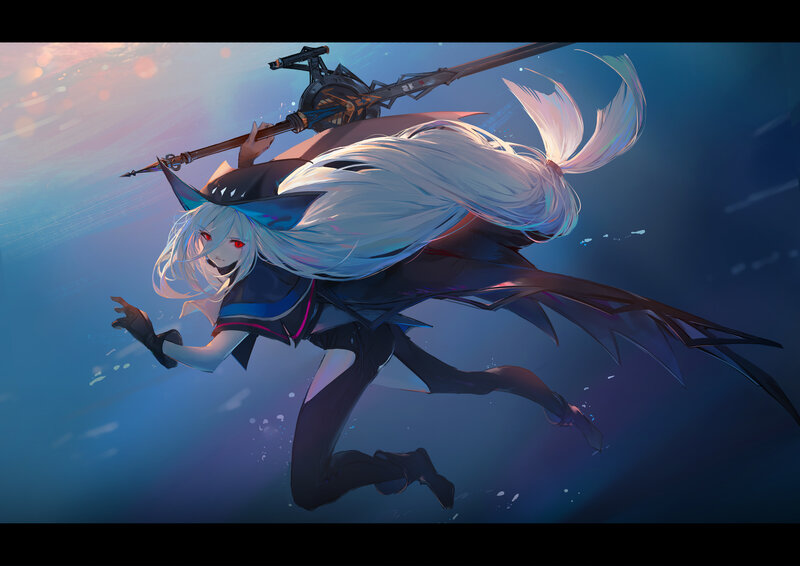 Anime Girl with Long White Hair — Blue, Dramatic, Digital Art