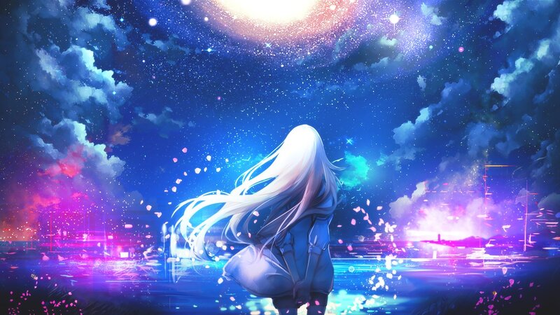 Anime Girl with Long White Hair — Blue, Serene, Night