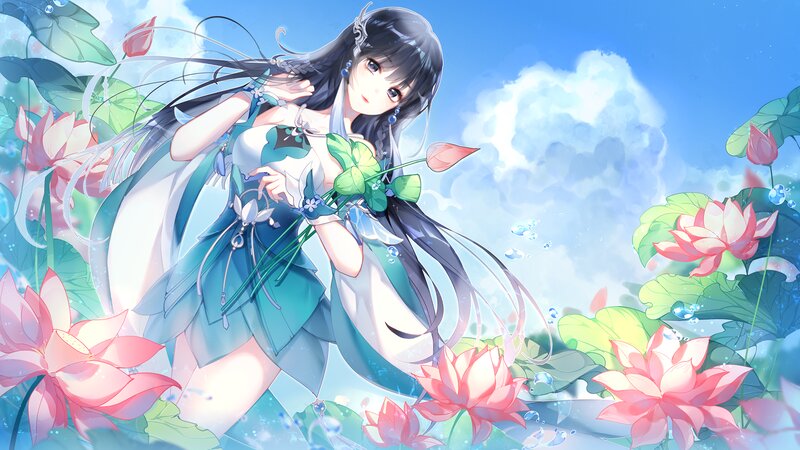 Anime Girl with Lotus Flowers — Blue, Serene